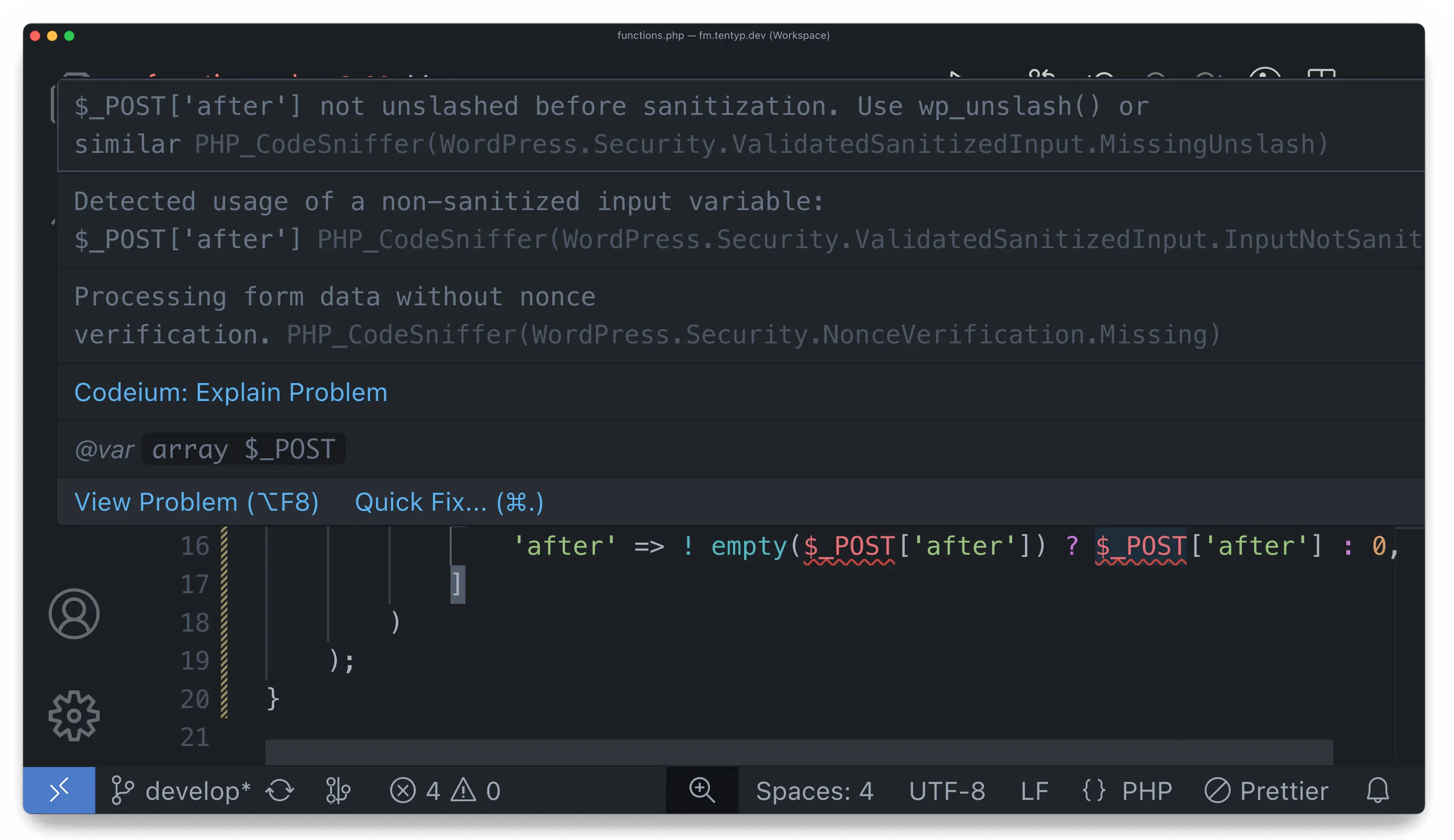 A code editor showing WordPress security warnings about unsanitized input and missing nonce verification.