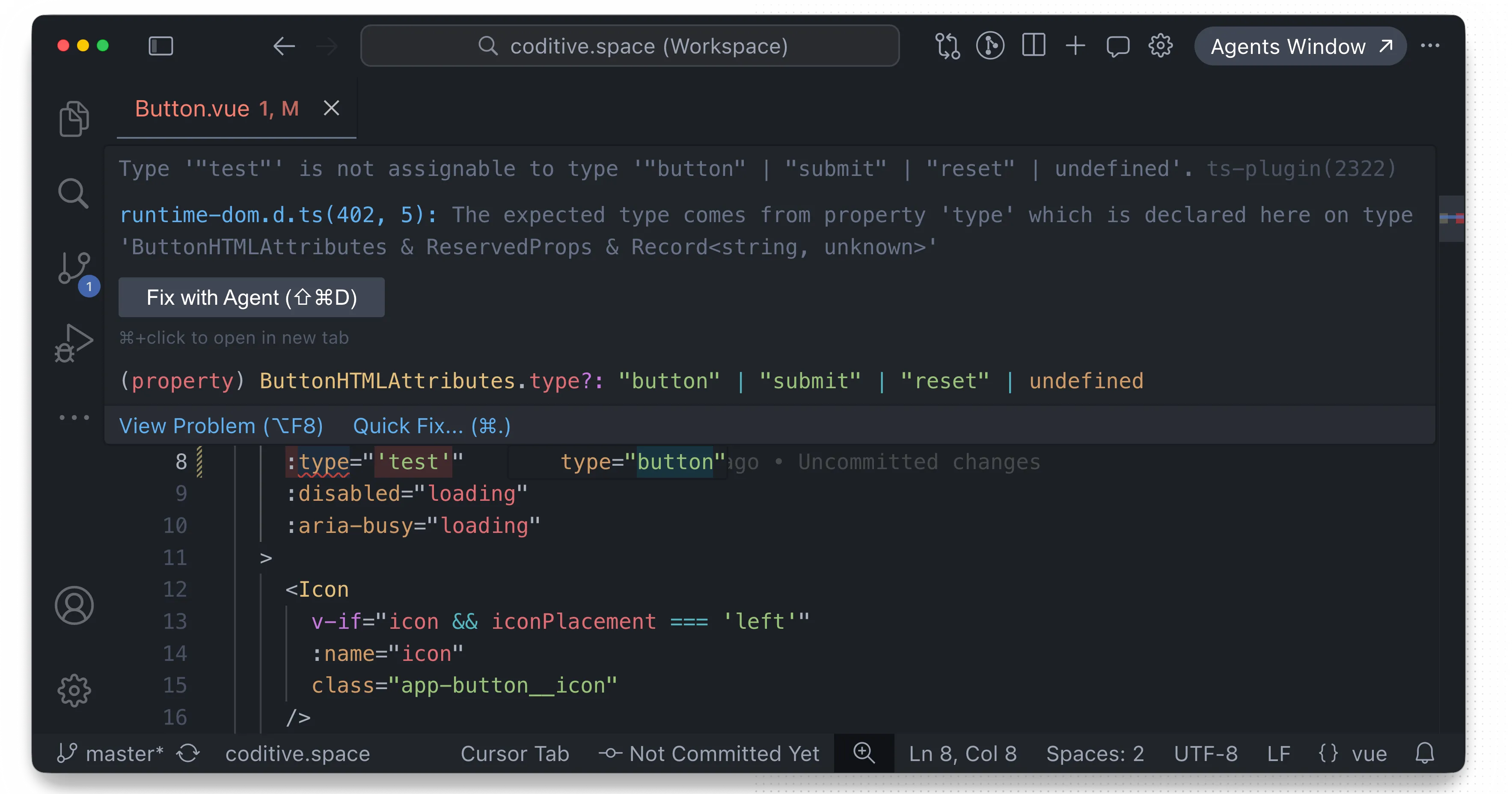 A code editor showing a TypeScript error for an invalid button type in a Vue file.