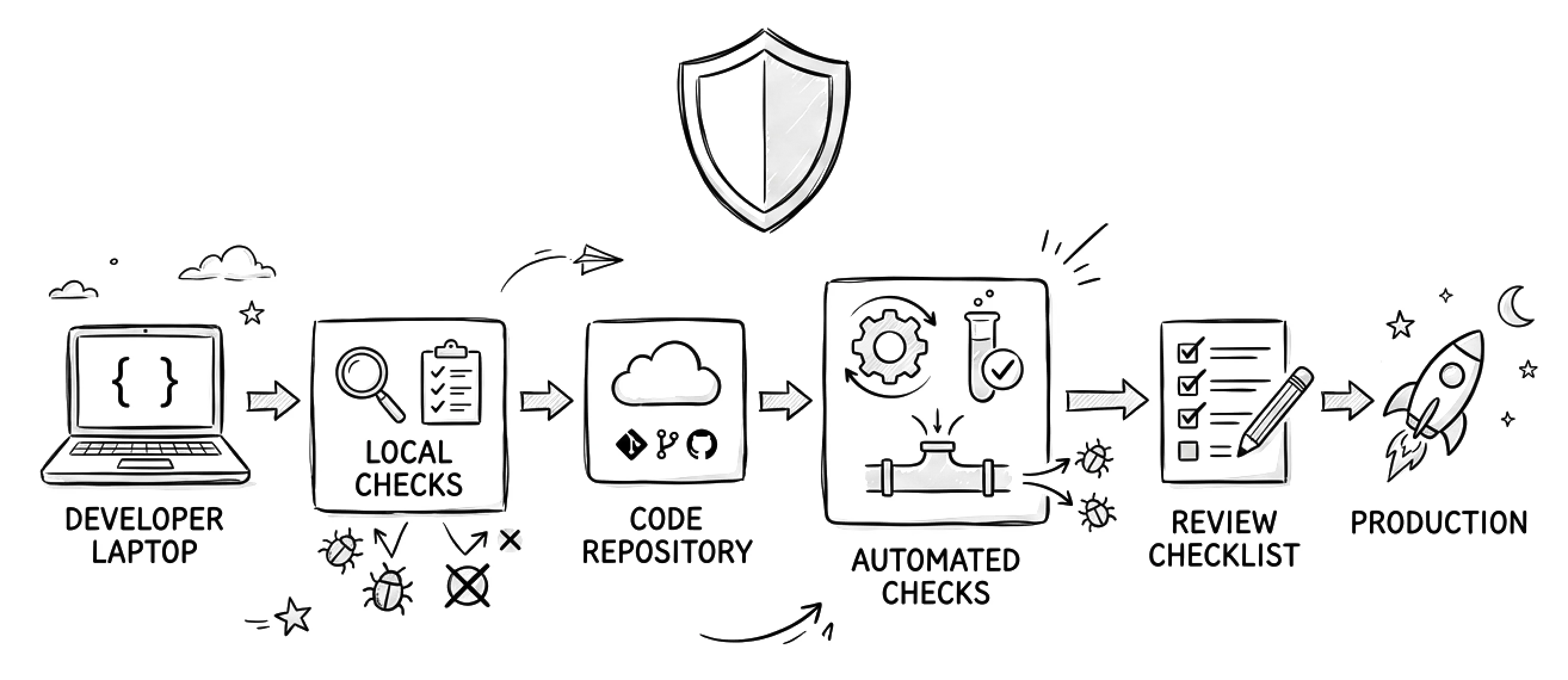 Illustration of a software workflow from developer laptop through checks, repository, automated checks, review, and production.