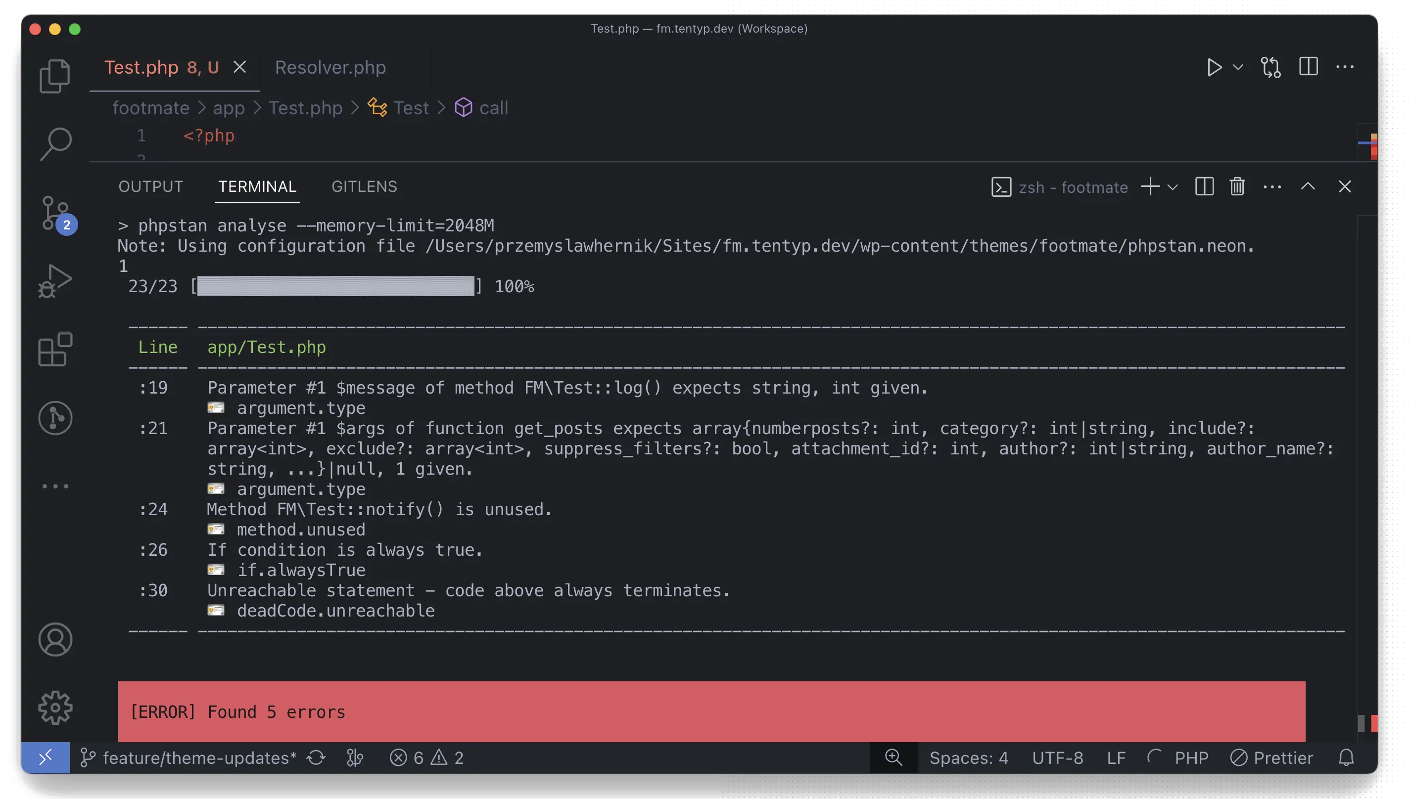 A code editor showing static analysis errors in a PHP file, with a terminal listing multiple issues.