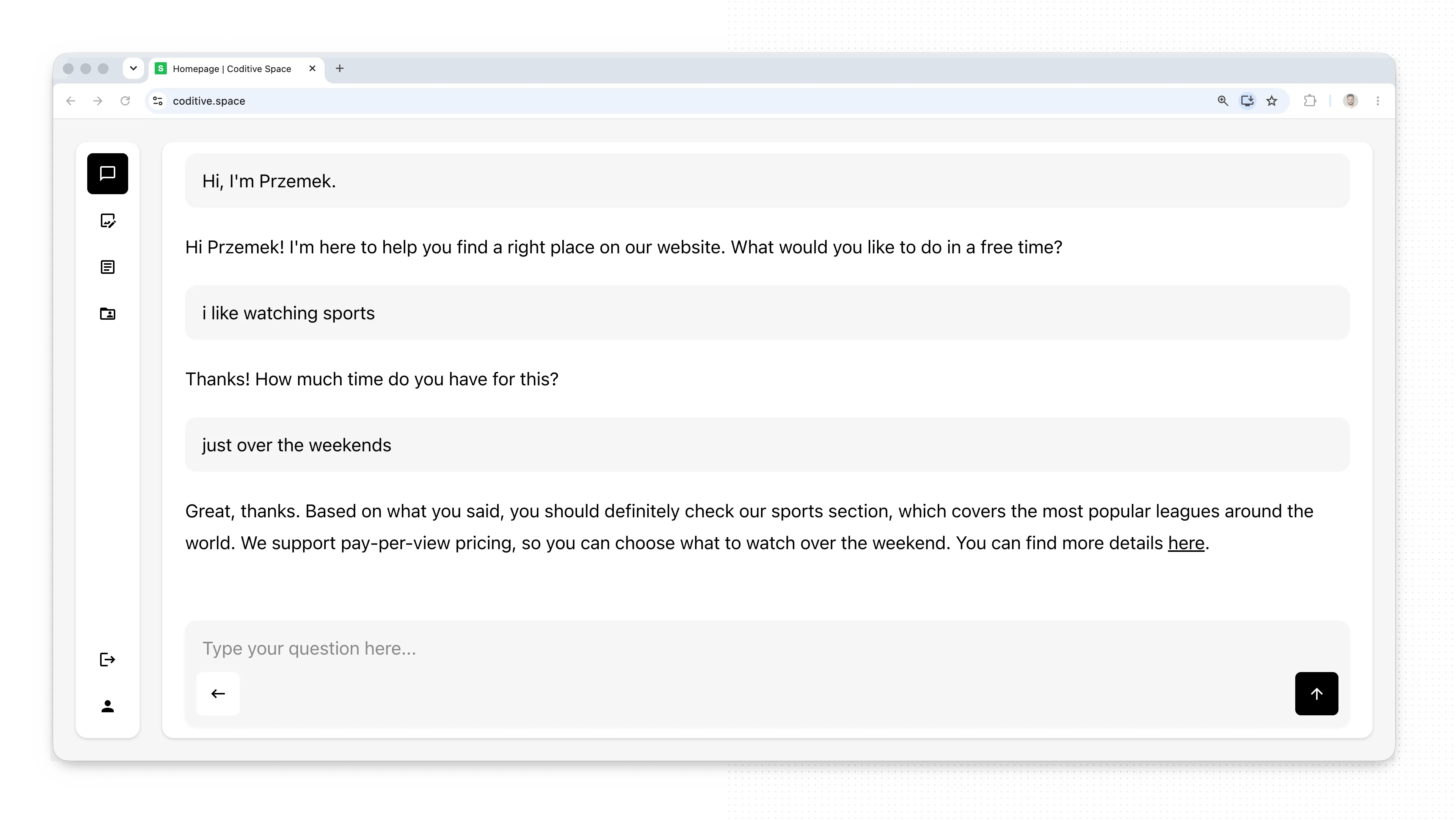User discovery chatbot asking a visitor about their free time and recommending the sports section of the website