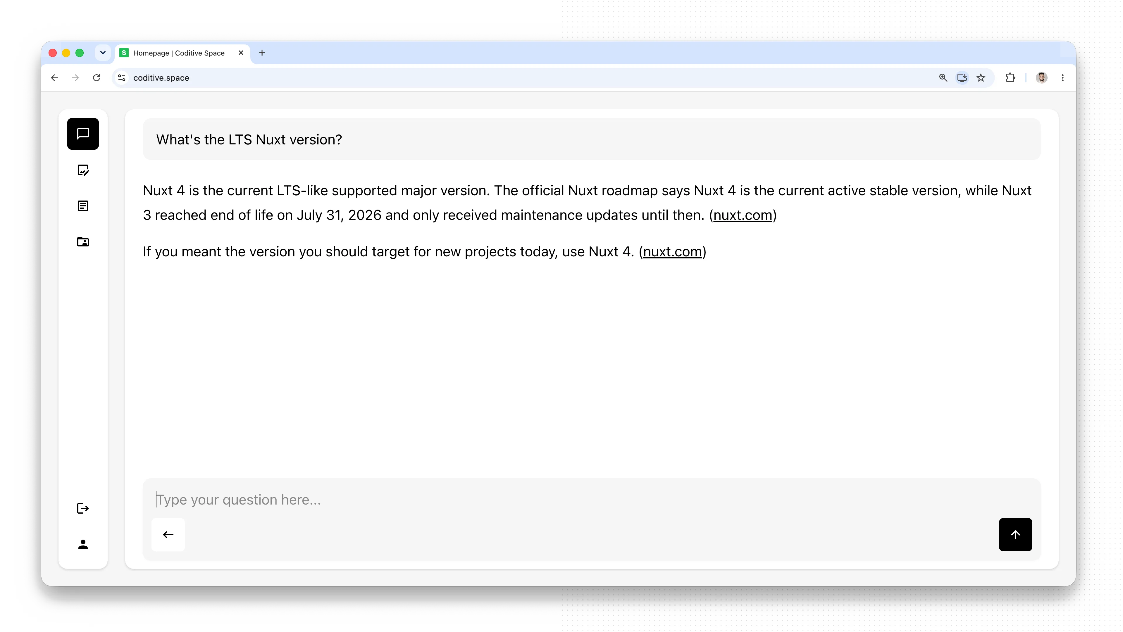 Custom Nuxt AI chatbot in the browser answering the question “What’s the LTS Nuxt version?” with sourced links to nuxt.com