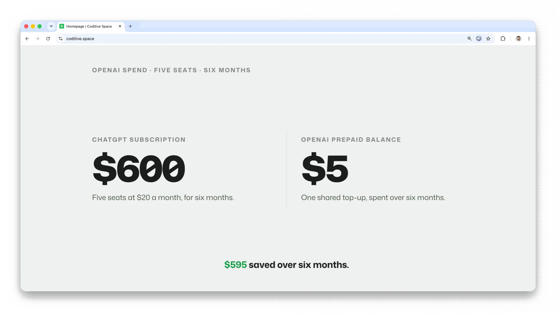 Cost comparison for five seats over six months: $600 for ChatGPT subscriptions versus $5 of OpenAI prepaid balance, $595 saved