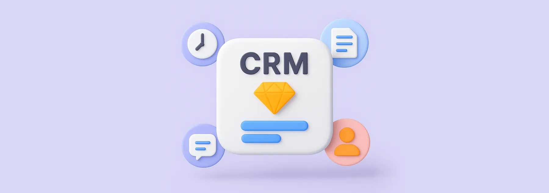 Illustration of CRM system with icons representing time management, documents, communication, and user profiles