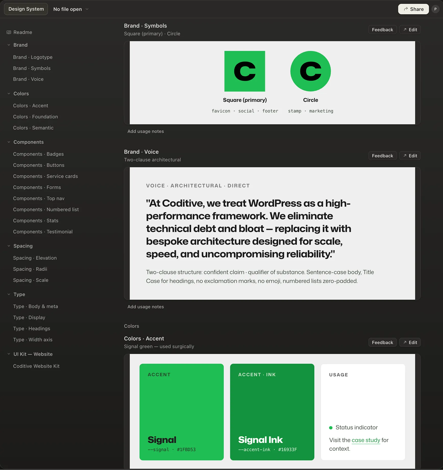 Coditive design system in Claude Design: a sidebar with brand, colors, components, spacing, type and a website UI kit, next to cards for the square and circle C symbols, the brand voice and the signal green accent colors.