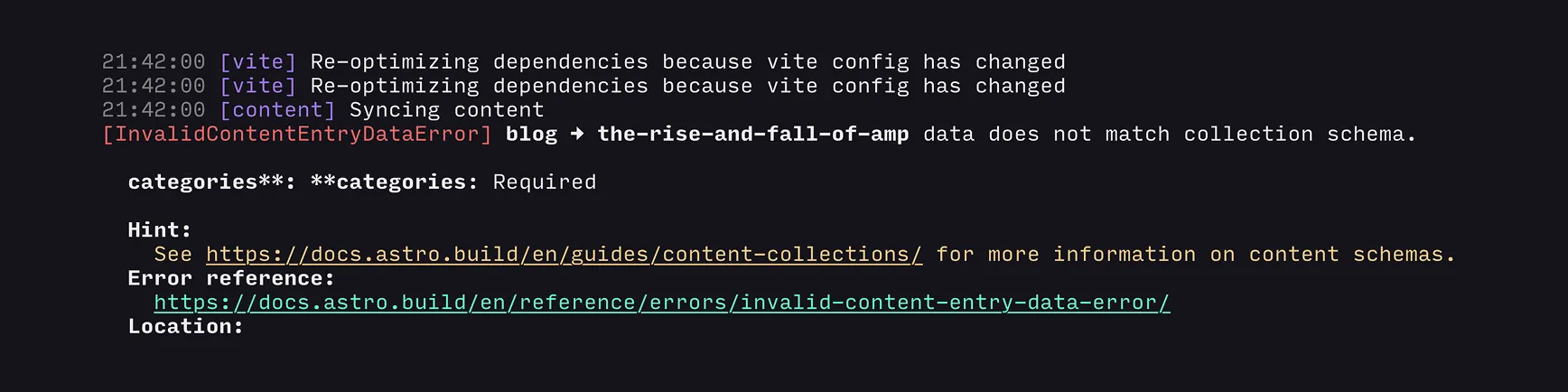 Astro terminal output: an InvalidContentEntryDataError saying the blog entry the-rise-and-fall-of-amp does not match the collection schema because categories is required, with a hint linking to the content collections docs.