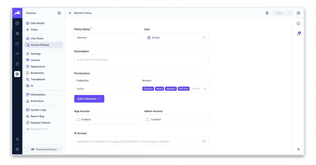 Directus Member access policy with Create, Read, Update, and Delete enabled for the tasks collection