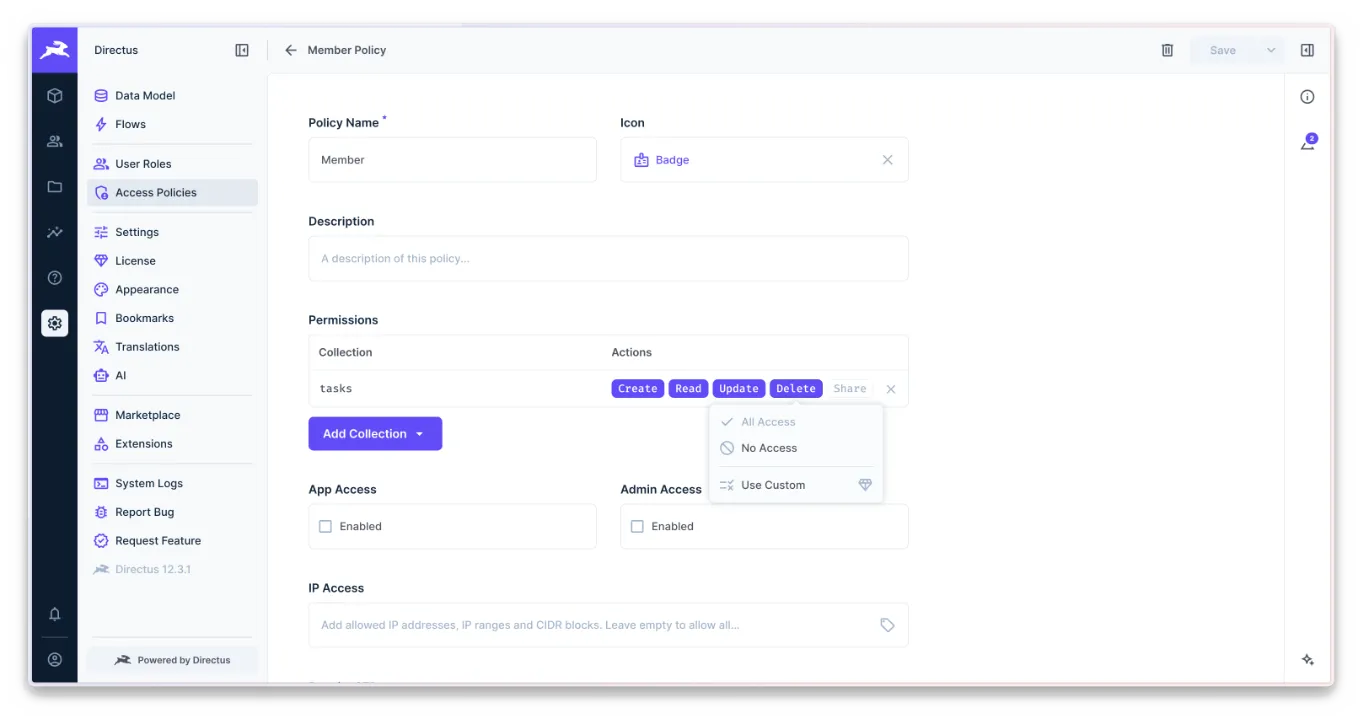 Directus Member access policy with Create, Read, Update, and Delete enabled for the tasks collection