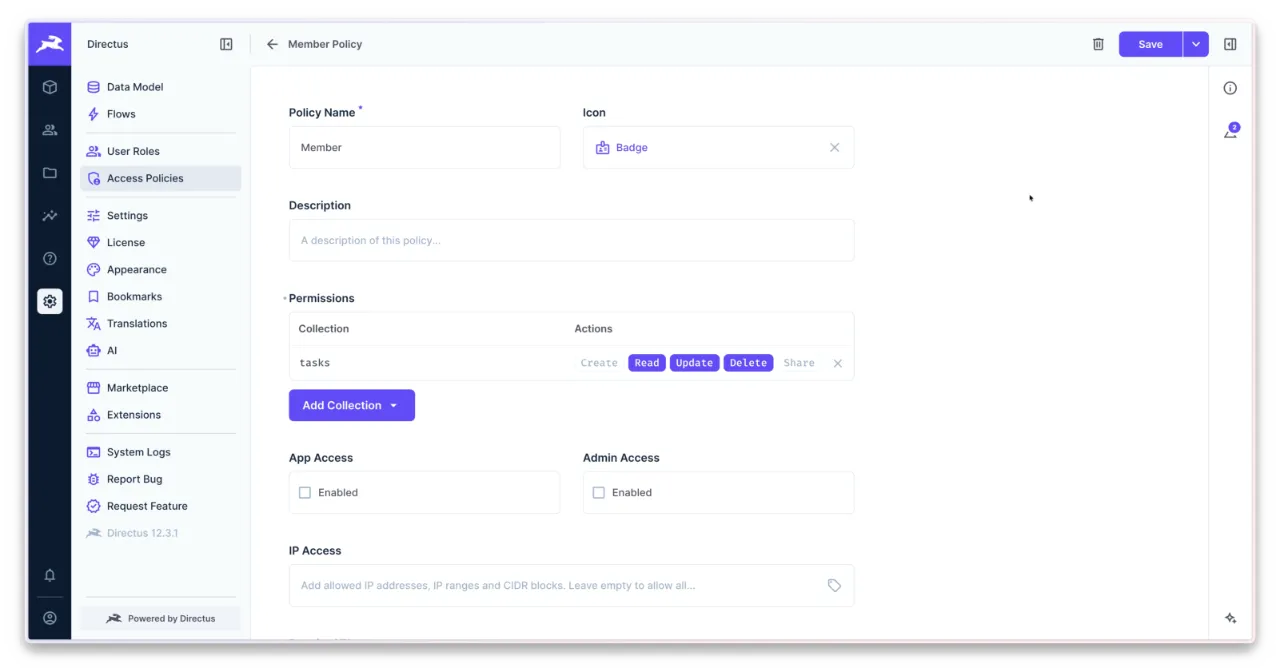 Directus Member Policy with Create disabled for the tasks collection while Read, Update, and Delete remain enabled