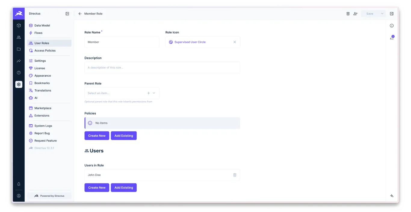 Directus User Roles screen for the Member role with no policies attached and John Doe listed as a user