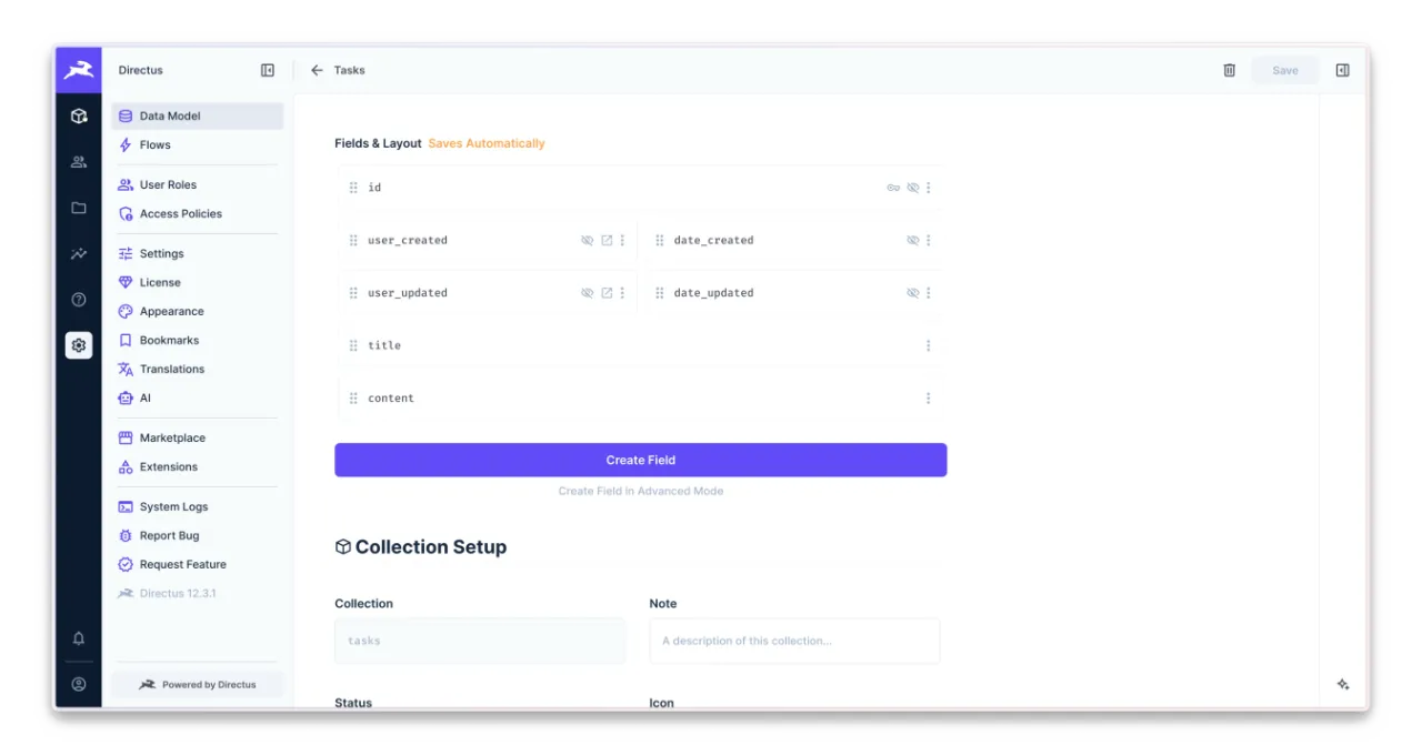 Directus Data Model view for the Tasks collection, listing fields like id, title, and content