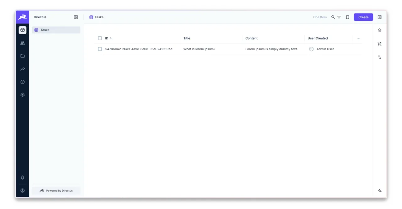 Directus Content view listing Tasks with ID, Title, Content, and User Created columns