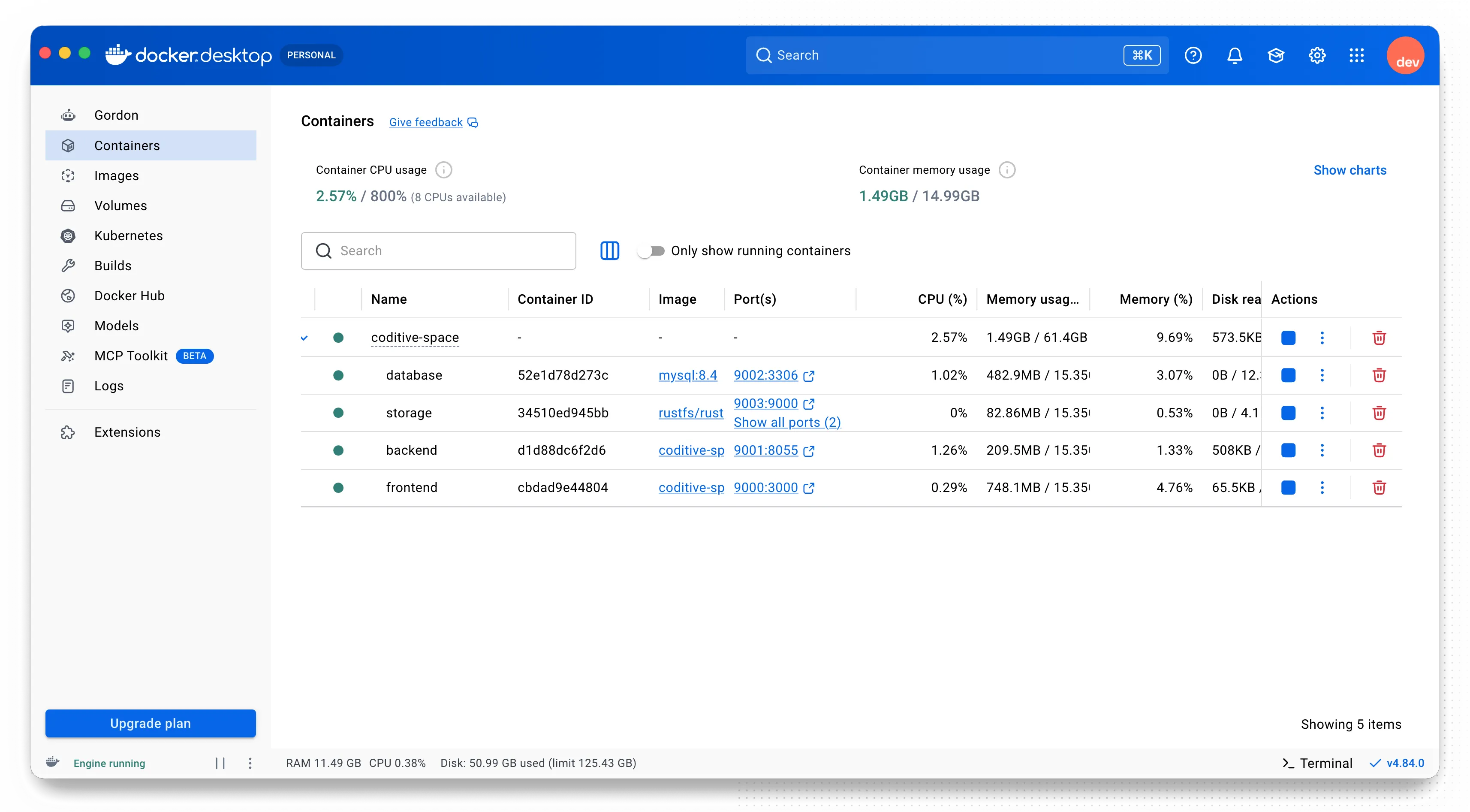 interface of docker desktop