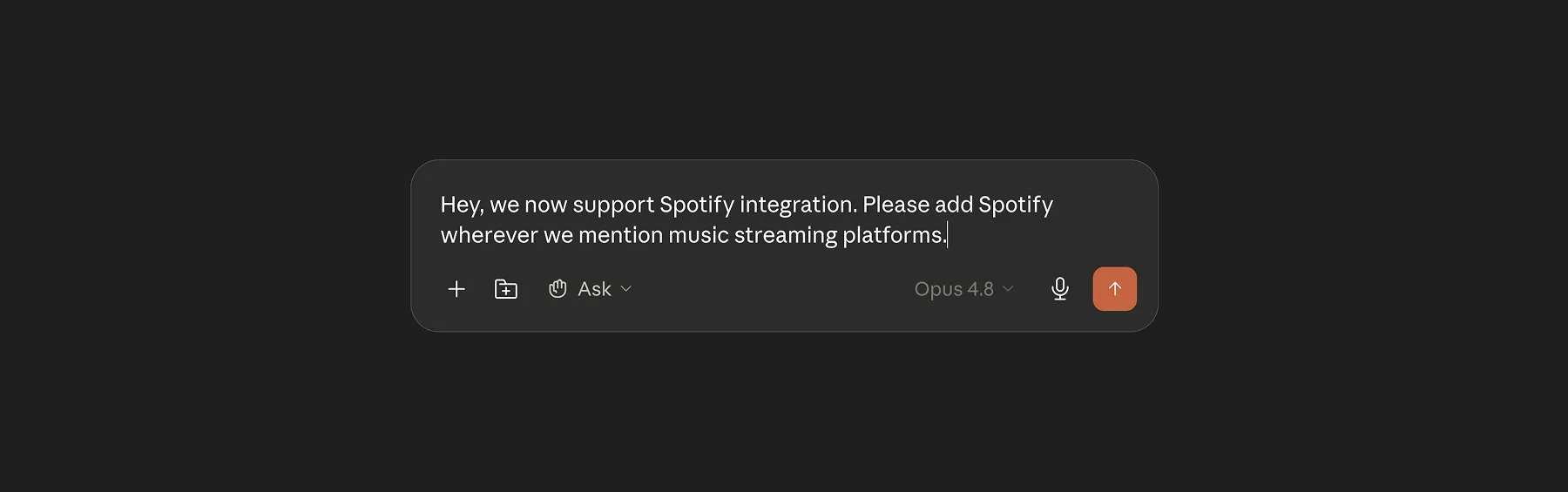 Example of an MCP request to an AI assistant connected to Strapi: "Hey, we now support Spotify integration. Please add Spotify wherever we mention music streaming platforms."