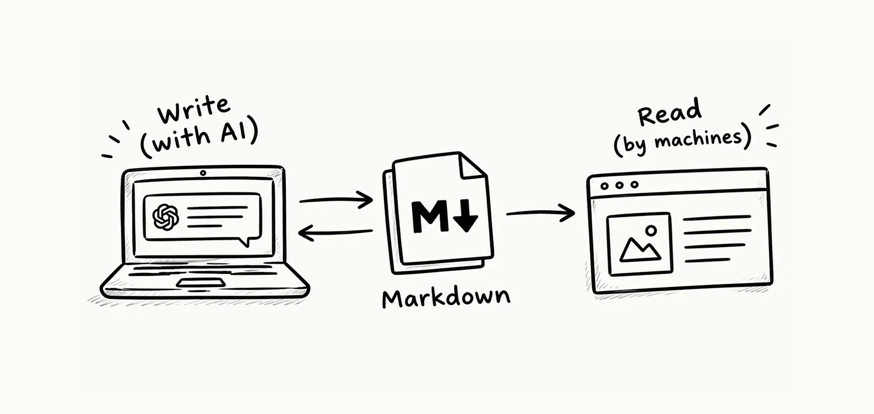 Sketch of one Markdown file in the middle: on the left it is written and edited with an AI assistant on a laptop, on the right it is served as a web page that machines read.