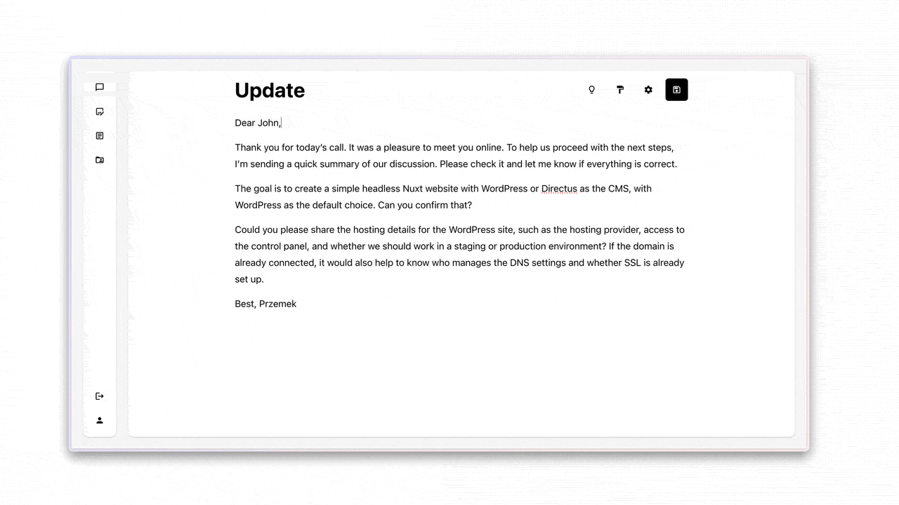 Formatting a client email with headings, bold, and links in the Milkdown-based editor