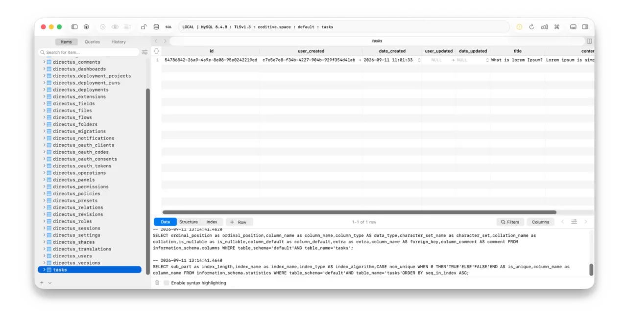 TablePlus showing the MySQL tasks table as a plain database table alongside Directus system tables