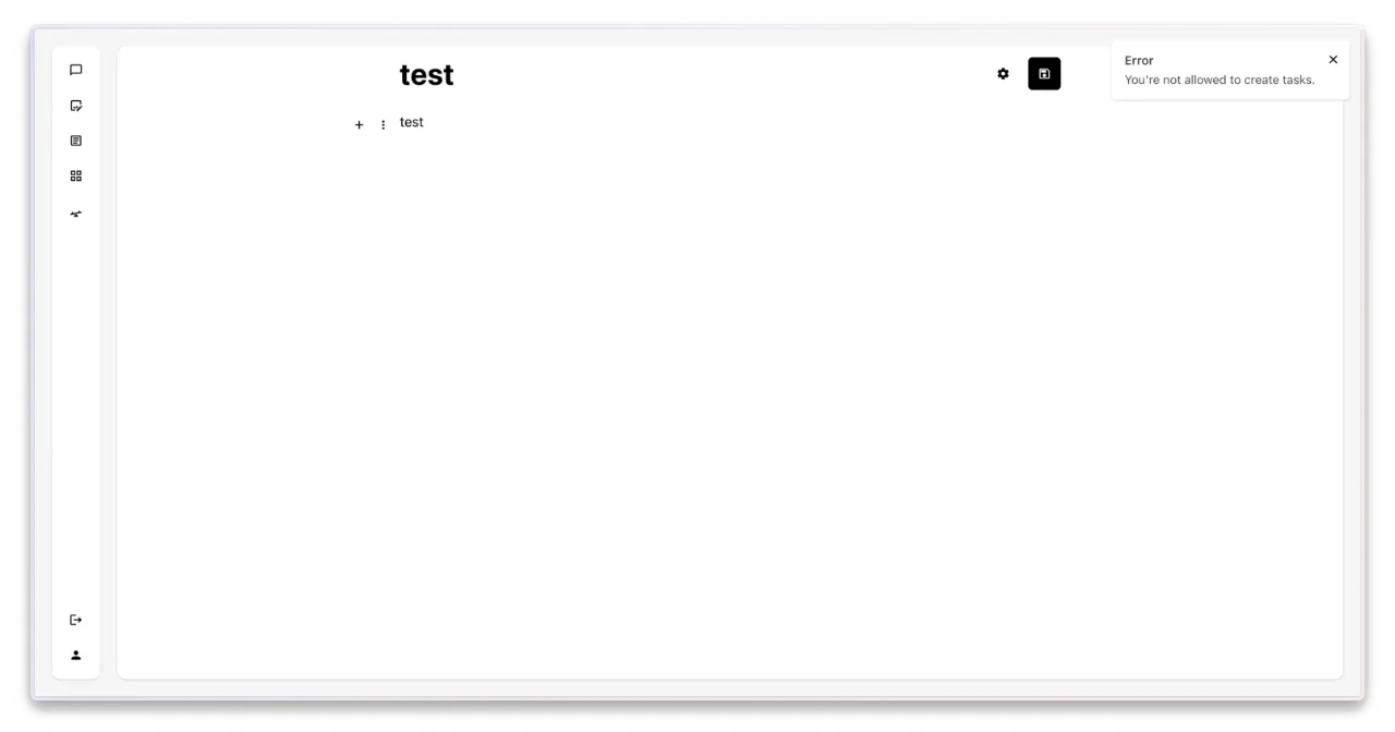 Nuxt task editor showing an error toast that says You’re not allowed to create tasks