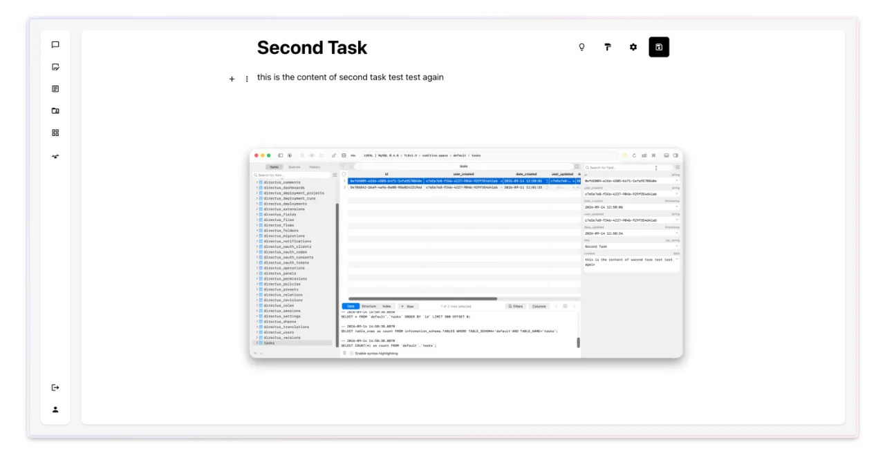 Nuxt task editor for Second Task overlaid with the matching row in the MySQL tasks table