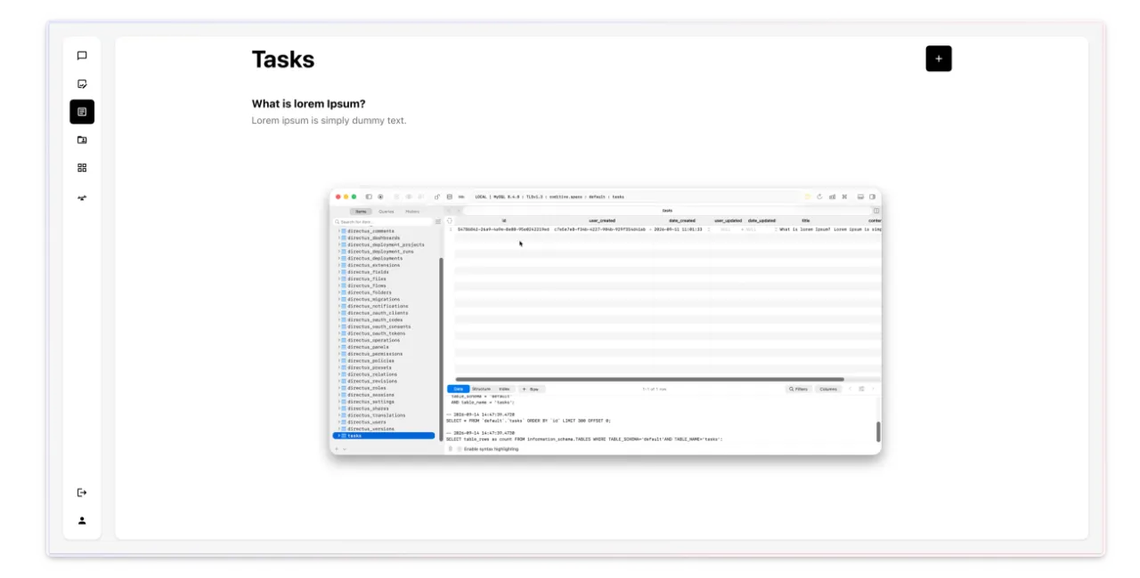 Nuxt tasks list in the app next to the matching MySQL tasks table in TablePlus