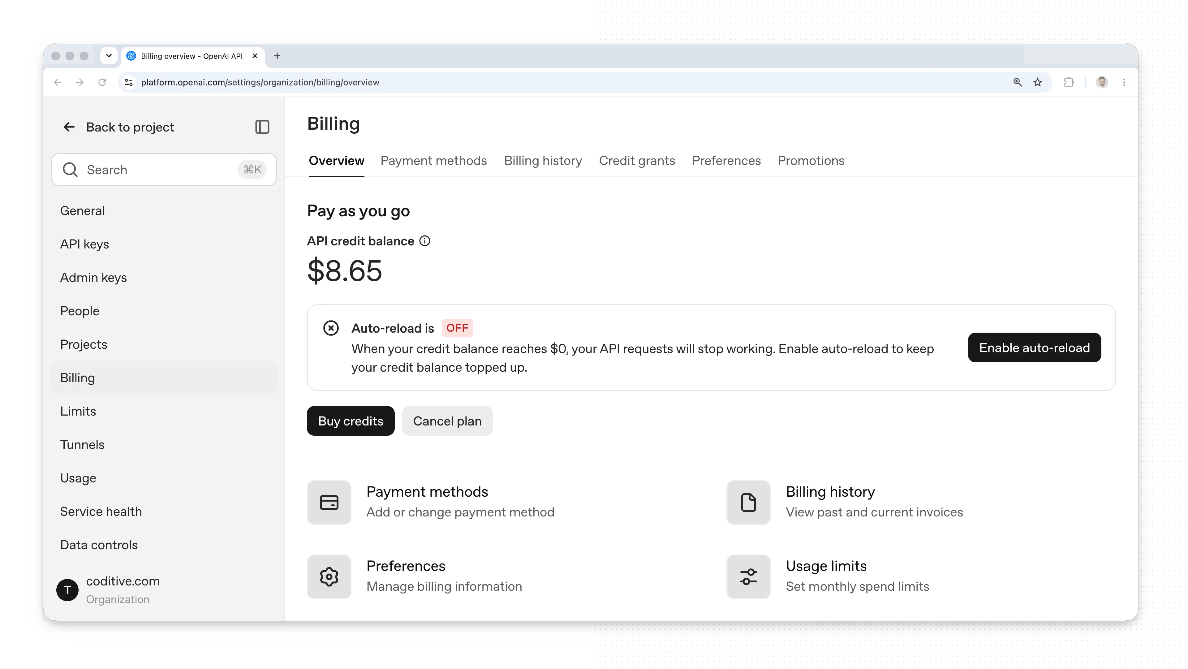 OpenAI platform billing overview showing a pay-as-you-go API credit balance of $8.65 with auto-reload turned off