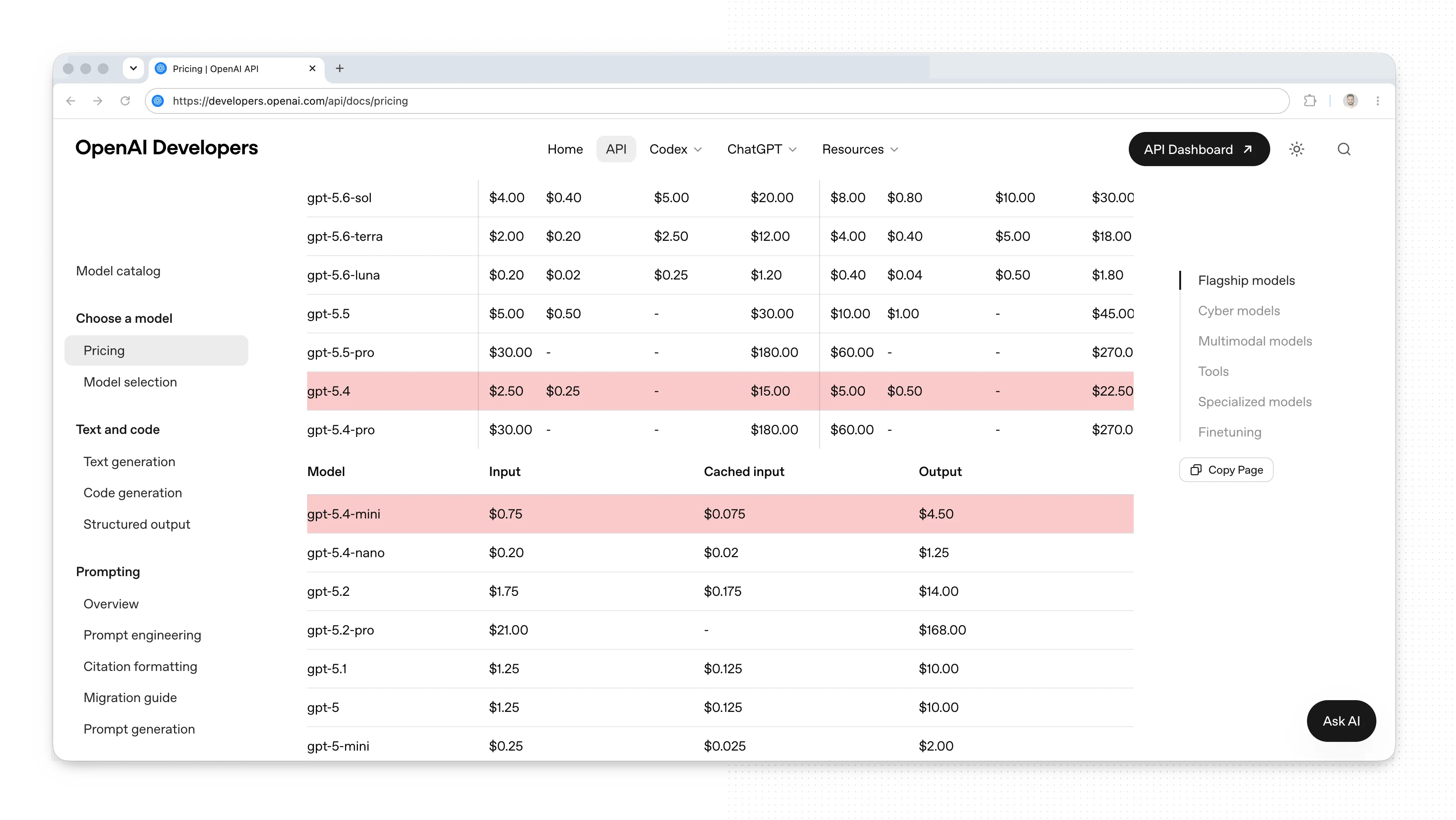OpenAI API pricing table with gpt-5.4 at $2.50 input and $15 output per 1M tokens highlighted next to gpt-5.4-mini at $0.75 input and $4.50 output
