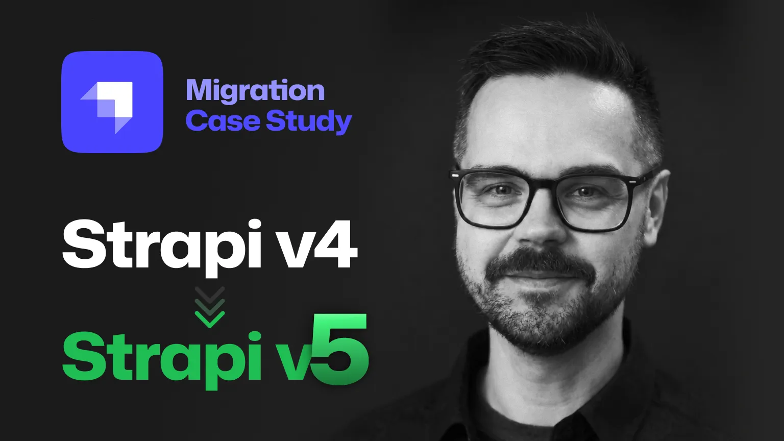 Strapi v4 to Strapi v5 migration case study cover with Paweł Madeja