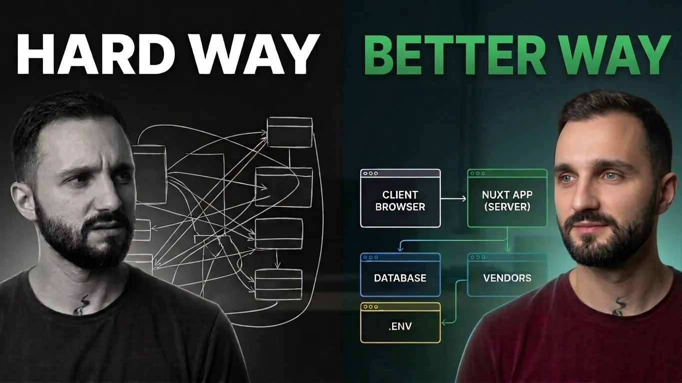 Split screen of messy vs clean Nuxt architecture diagrams labeled Hard Way and Better Way