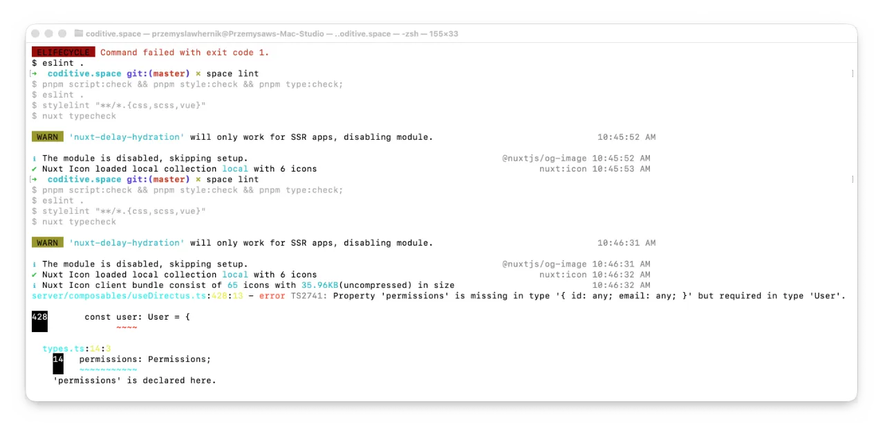 Terminal showing a TypeScript error that permissions is missing on the User type in useDirectus.ts