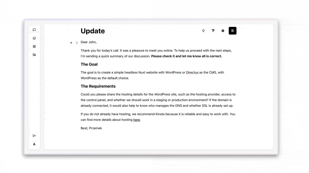 Reviewing a client email with an AI model chosen from multiple providers in the editor chat