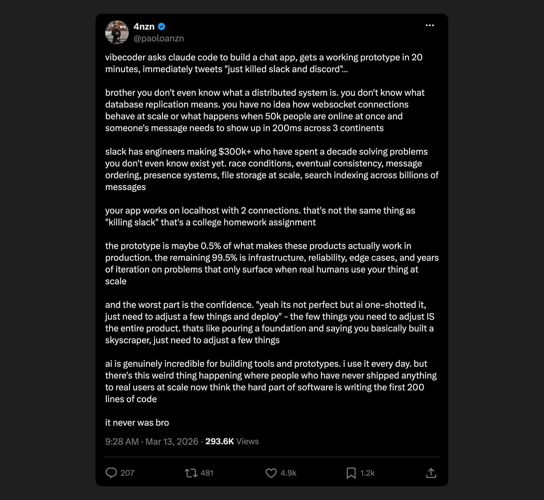 X post by @paoloanzn about a vibecoder who builds a chat app prototype in 20 minutes and tweets "just killed Slack and Discord". The post argues the prototype is maybe 0.5% of what makes these products work in production, and the rest is infrastructure, reliability, edge cases, and years of iteration.