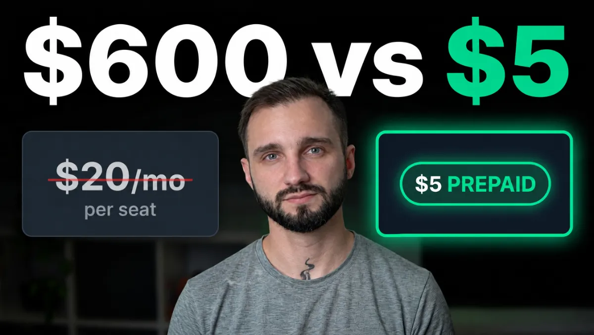 Przemek between two price cards: $20 a month per seat crossed out versus a $5 OpenAI prepaid balance, under the headline $600 vs $5