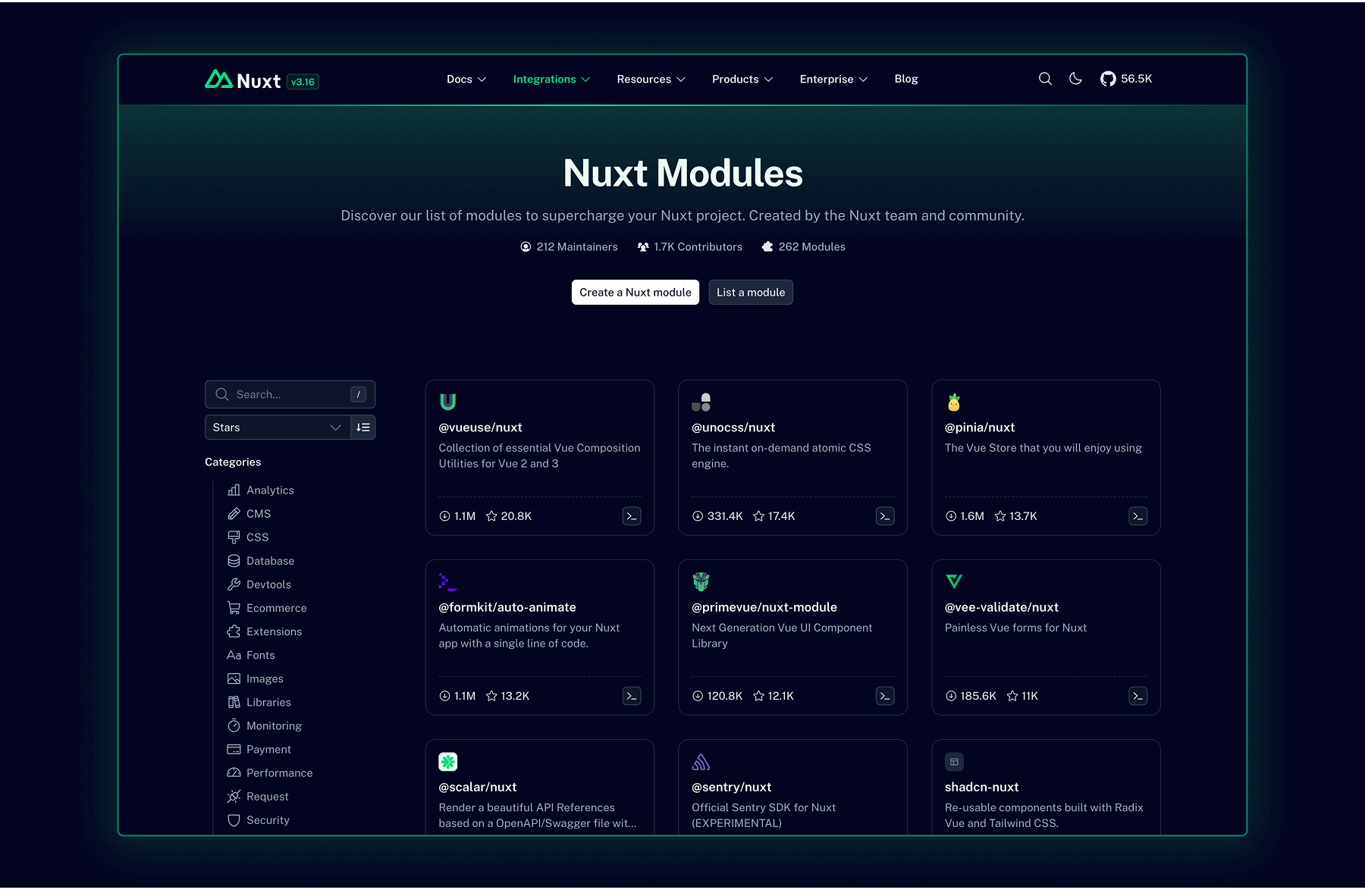 Modules of Nuxt.js - screenshot from the website