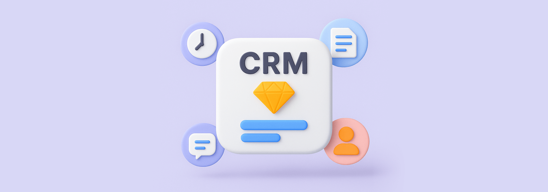 Illustration of CRM system with icons representing time management, documents, communication, and user profiles