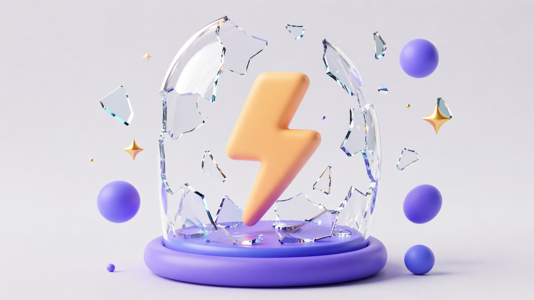 3D stylized image of a orange lightning bolt breaking free from a shattering glass dome on a purple base.